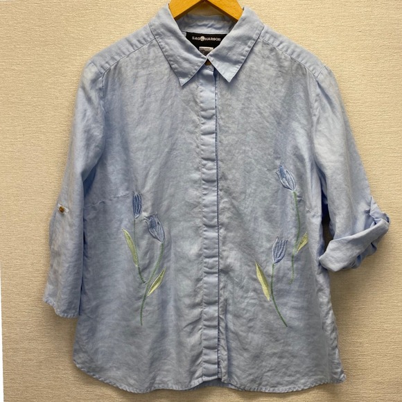 Sag Harbor Womens Blue 100% Linen Floral Embroidered Roll Tab Shirt Large VTG - Picture 11 of 11